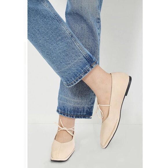 Women Beige Faux Leather Square Toe Lace Up Ballerina Ballet Slip On Flats - Picture 5 of 7